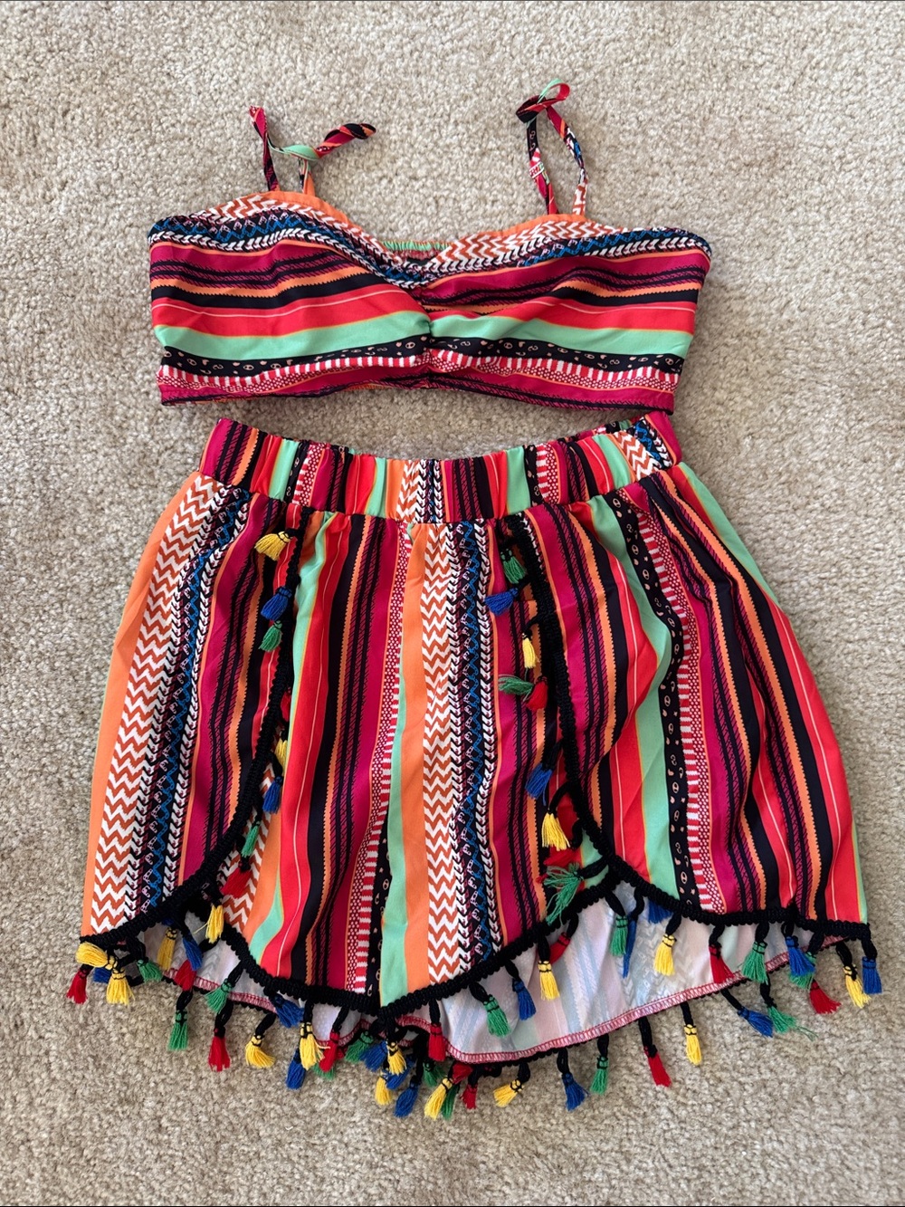 SHEIN Multicolor Striped Tassel-Trim Crop Top & Skirt Set